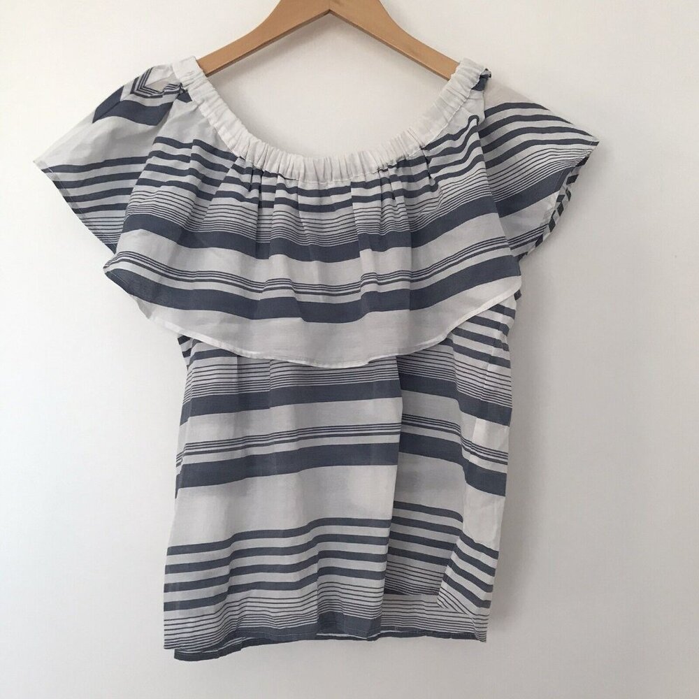 LOFT Top Womens Small Striped Chambray Blue Blouse Coastal Resort Boho Cowgirl